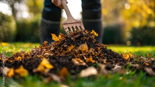 Wallpaper Mural A person using a wooden pitchfork to turn wood chips in the backyard garden, with a pile of leaves on the grass background Torontodigital.ca