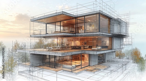Obraz na płótnie Modern House Design, Sunset View, Hilltop Location w salonie