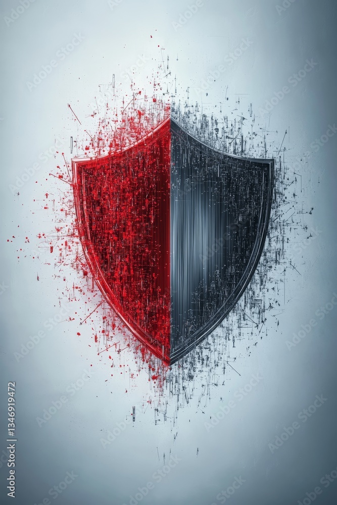 A striking abstract representation of a shield, split between red and black, suggesting themes of protection and conflict.