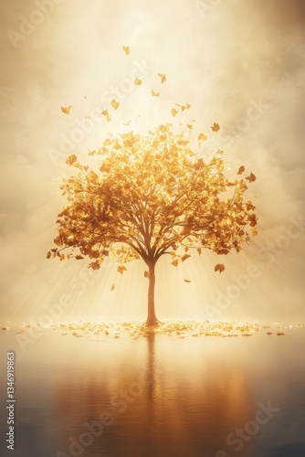 A striking golden tree stands alone in a tranquil landscape, with butterflies fluttering around, illuminated by soft, radiant light.