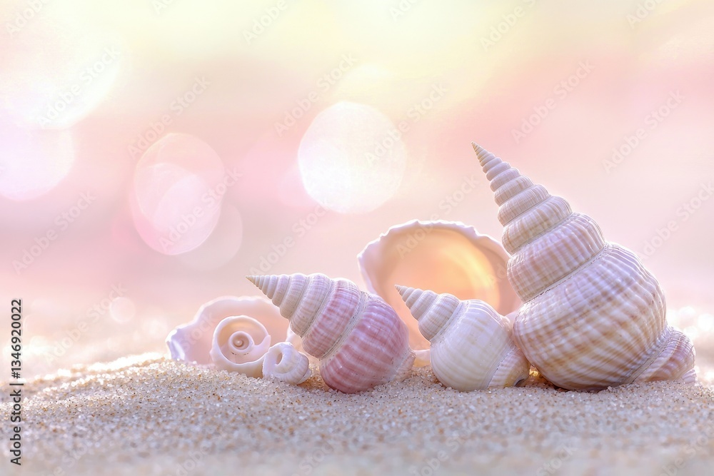 Seashells on a sandy beach at sunset, soft pink hues, peaceful summer scene. Seashells on a sandy beach at sunset, soft pink hues, peaceful summer scene.