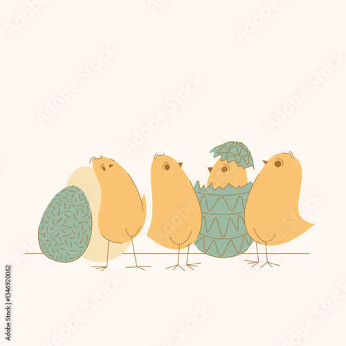 Cute Easter chicks with eggs illustration