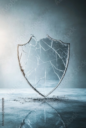 Obraz na płótnie A cracked shield rests on a reflective surface, symbolizing vulnerability and the fragility of protection against threats. w salonie
