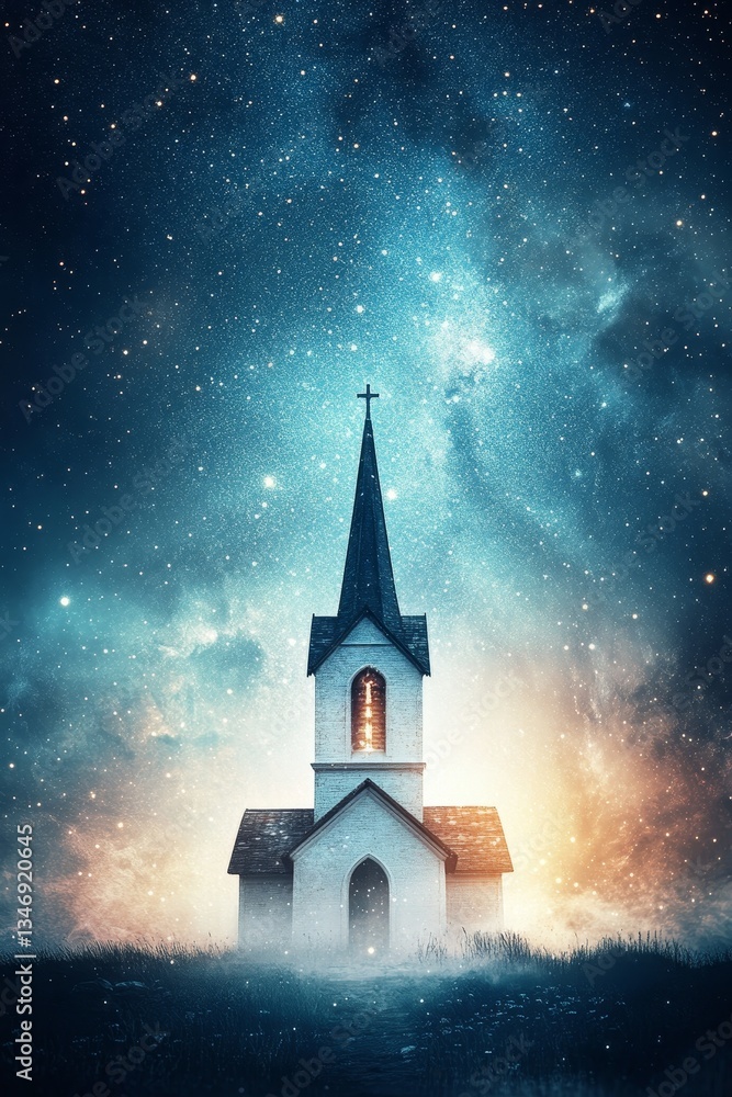 A mystical church stands against a starry night sky, illuminated by ethereal colors, evoking a sense of wonder and spirituality.