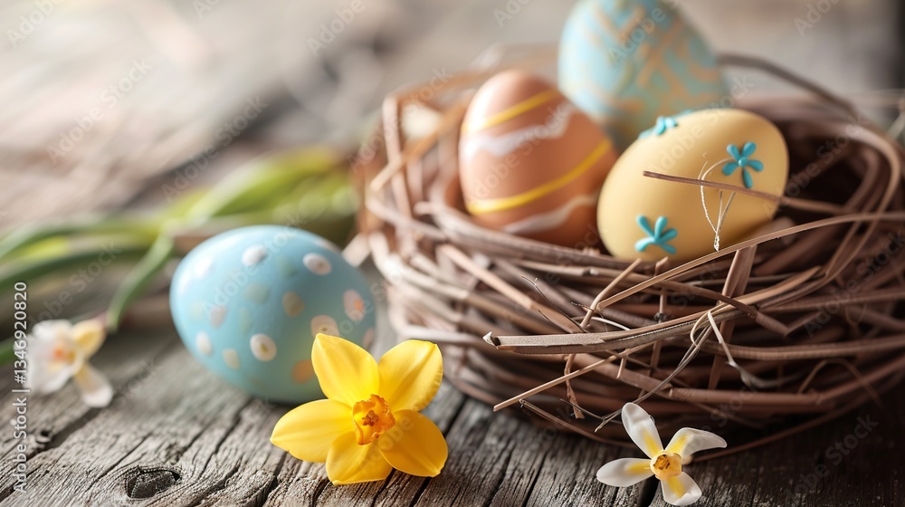 Obraz premium Colorful Easter eggs nestled in a lush meadow adorned with vibrant spring flowers, under a bright blue sky dotted with fluffy clouds. This picturesque Easter background captures a beautiful sunny day