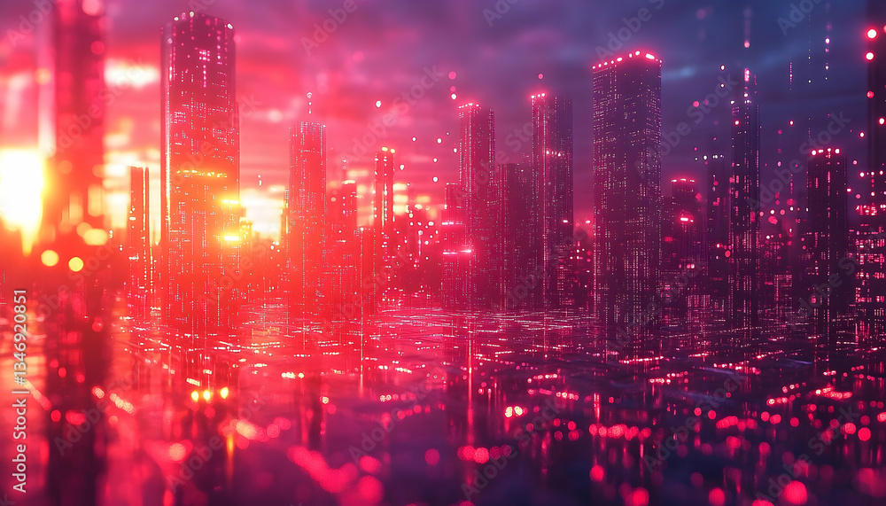 Fototapeta premium A radiant city, bathed in a warm glow, stretches into the distance with a symphony of lights and urban texture