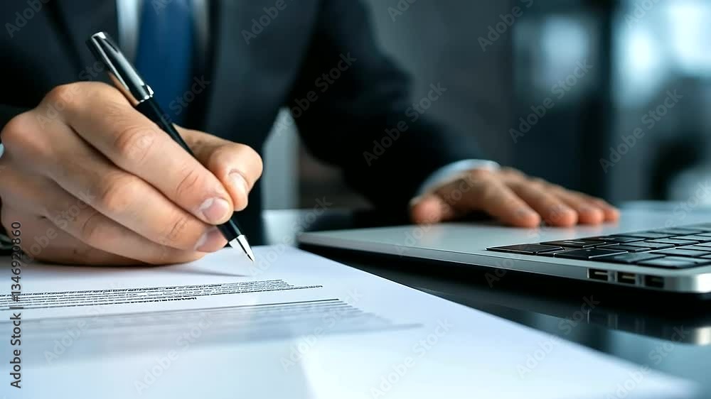 A businessman signing an agreement, with a laptop and financial documents spread across the table. A businessman signing an agreement, with a laptop and financial documents spread across the table.