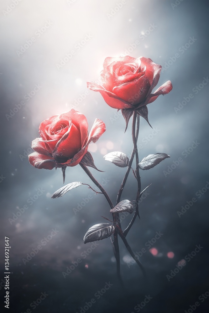 Two vibrant roses illuminated by soft light against a dreamy background, creating a serene and enchanting atmosphere.