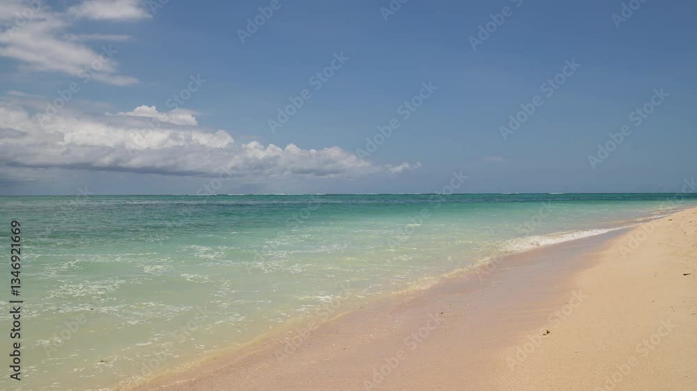 Serene coastal horizon: where ocean meets sky. Idyllic seaside retreat: white sand and azure waters. Serene coastal horizon: where ocean meets sky. Idyllic seaside retreat: white sand and azure waters.
