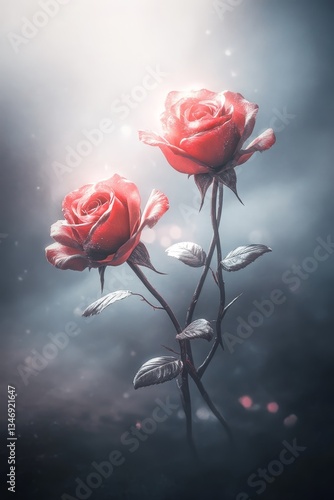 Obraz na płótnie Two vibrant roses illuminated by soft light against a dreamy background, creating a serene and enchanting atmosphere. w salonie