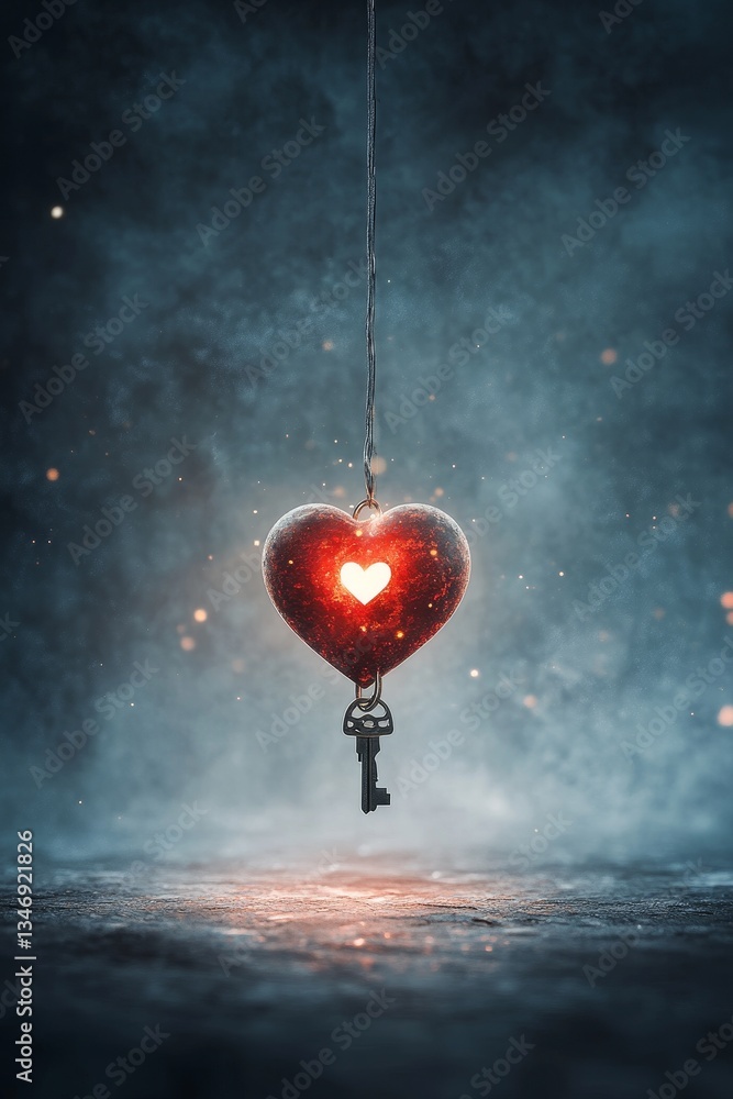 A glowing heart-shaped ornament hangs from a string, illuminated against a dark, misty background, symbolizing love and mystery.