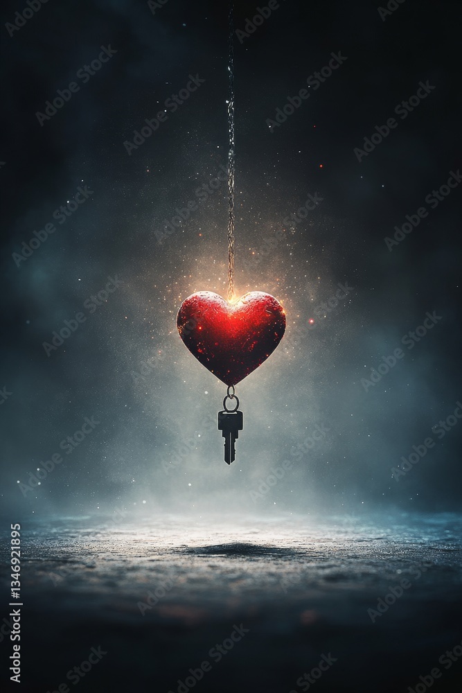 A glowing heart pendant hangs from a key, surrounded by a mystical mist, evoking themes of love, connection, and mystery.