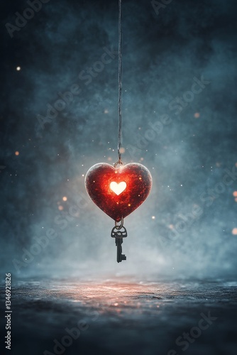 Obraz na płótnie A glowing heart-shaped ornament hangs from a string, illuminated against a dark, misty background, symbolizing love and mystery. w salonie
