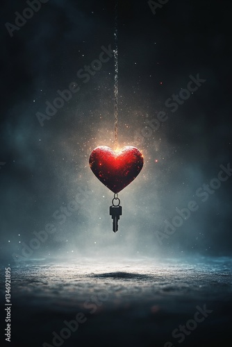 Obraz na płótnie A glowing heart pendant hangs from a key, surrounded by a mystical mist, evoking themes of love, connection, and mystery. w salonie