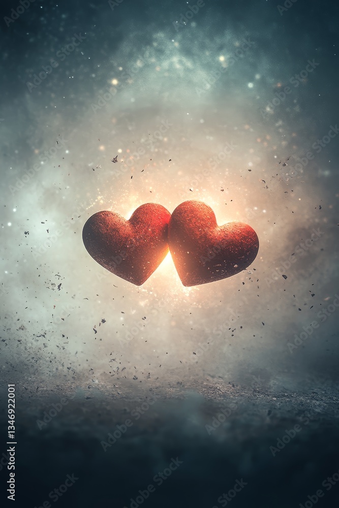 Two glowing hearts float against a mystical backdrop, symbolizing love and connection in a dreamy, ethereal atmosphere.