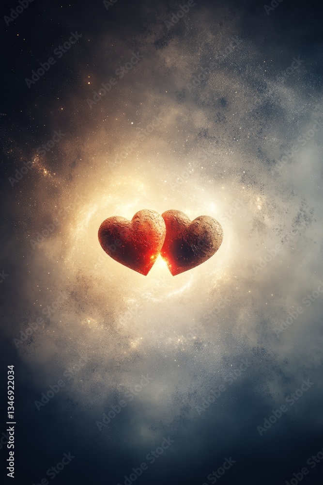 Two cracked hearts float in a cosmic background, symbolizing love, loss, and emotional connection amidst a starry universe.