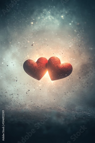 Obraz na płótnie Two glowing hearts float against a mystical backdrop, symbolizing love and connection in a dreamy, ethereal atmosphere. w salonie