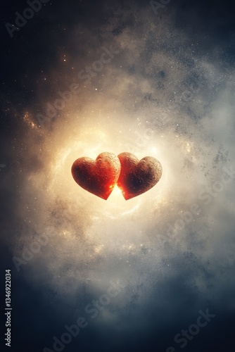Obraz na płótnie Two cracked hearts float in a cosmic background, symbolizing love, loss, and emotional connection amidst a starry universe. w salonie