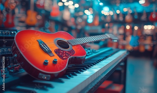 Synthesizer and guitar in Music Store with Instruments