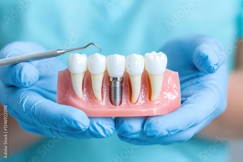 Close-Up Photograph of a Dental Model with Implant and Tools Held by a Professional