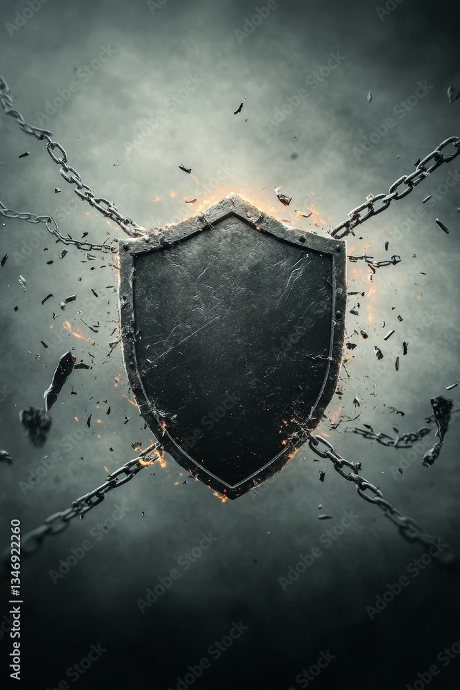 A dark, dramatic shield surrounded by breaking chains, symbolizing strength and resilience against challenges.