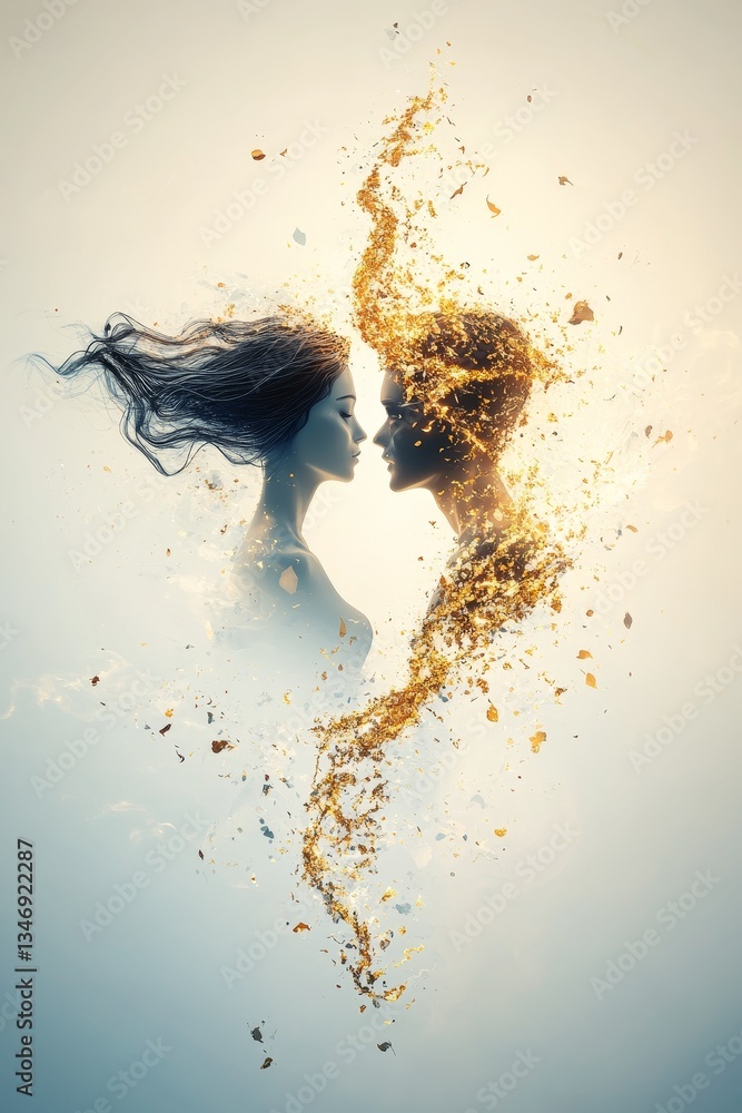 Ethereal silhouettes of two faces merging with golden particles, embodying connection, emotion, and transformation in a dreamlike atmosphere.