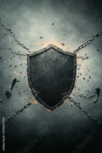 Obraz na płótnie A dark, dramatic shield surrounded by breaking chains, symbolizing strength and resilience against challenges. w salonie