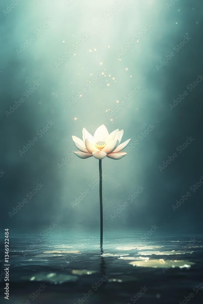 A serene lotus flower stands gracefully in tranquil waters, illuminated by soft light, surrounded by a mystical, ethereal atmosphere.