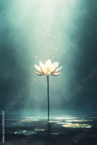 Obraz na płótnie A serene lotus flower stands gracefully in tranquil waters, illuminated by soft light, surrounded by a mystical, ethereal atmosphere. w salonie