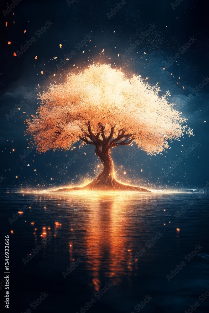 A glowing tree stands in still water, surrounded by sparkling leaves and a mystical atmosphere, creating a surreal and enchanting scene.