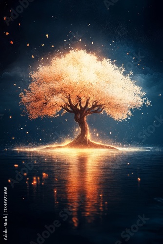 Obraz na płótnie A glowing tree stands in still water, surrounded by sparkling leaves and a mystical atmosphere, creating a surreal and enchanting scene. w salonie