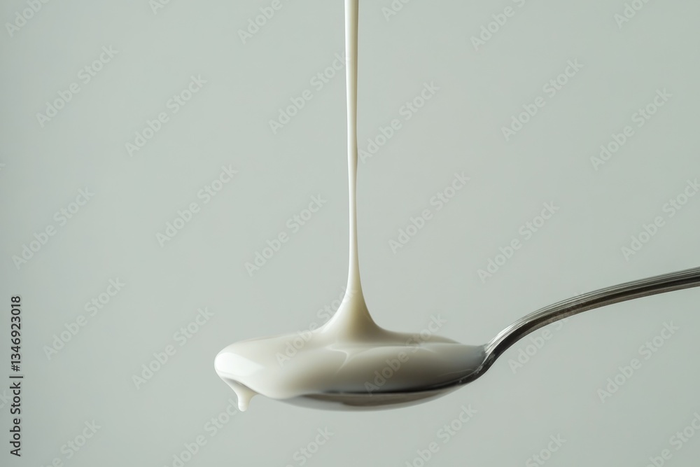 Creamy white liquid pouring onto a metal spoon, creating a smooth texture. Creamy white liquid pouring onto a metal spoon, creating a smooth texture.