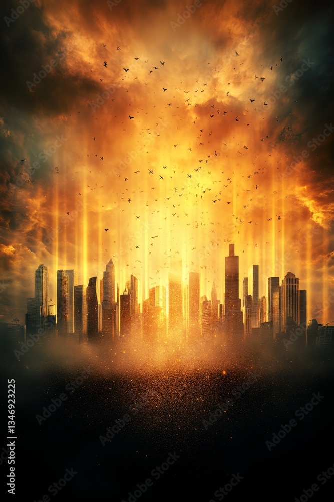 A dramatic skyline illuminated by fiery orange light, with birds soaring through the air, creating a striking contrast against dark clouds.