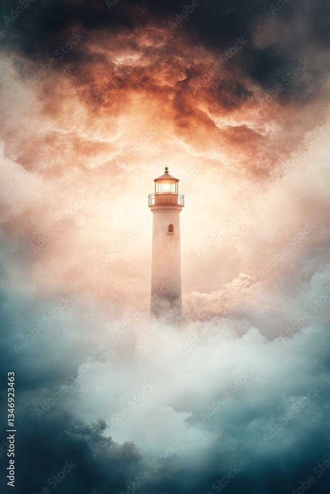 A majestic lighthouse emerges from swirling clouds, illuminated by a warm glow, creating a mystical and serene atmosphere.
