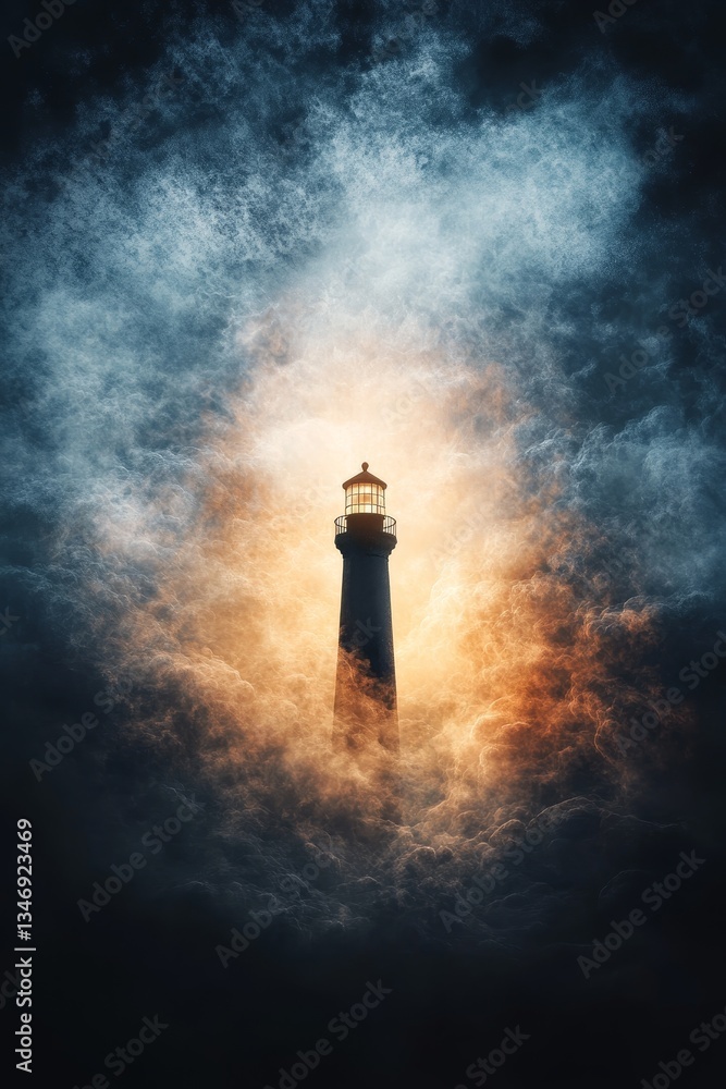 A dramatic lighthouse emerges from swirling fog and light, symbolizing guidance and hope amidst a dark, stormy backdrop.