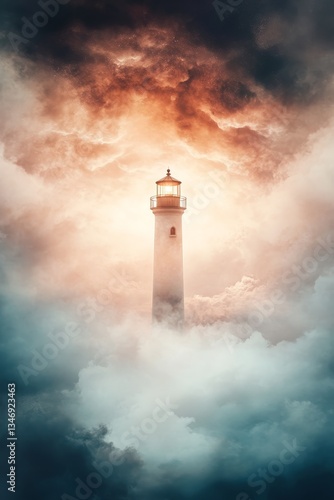 Obraz na płótnie A majestic lighthouse emerges from swirling clouds, illuminated by a warm glow, creating a mystical and serene atmosphere. w salonie