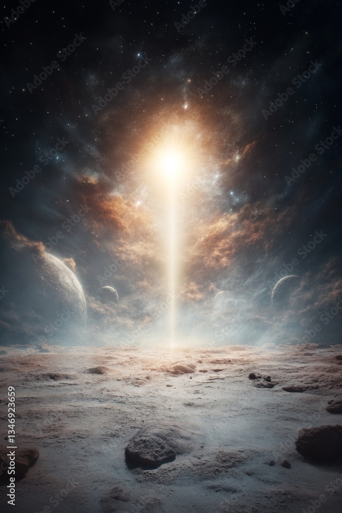 A stunning cosmic scene featuring a radiant beam of light emerging from a barren landscape, surrounded by stars and distant planets.