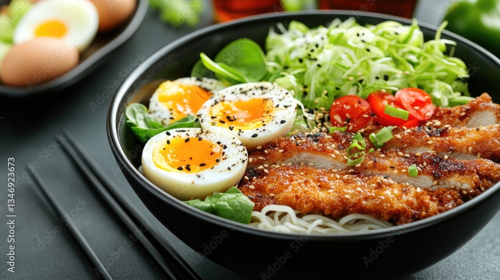 Bowl of sanos ramen featuring breaded chicken, eggs, spinach, and fresh vegetables served in a close-up composition Bowl of sanos ramen featuring breaded chicken, eggs, spinach, and fresh vegetables served in a close-up composition