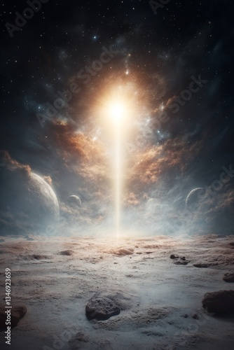 Obraz na płótnie A stunning cosmic scene featuring a radiant beam of light emerging from a barren landscape, surrounded by stars and distant planets. w salonie