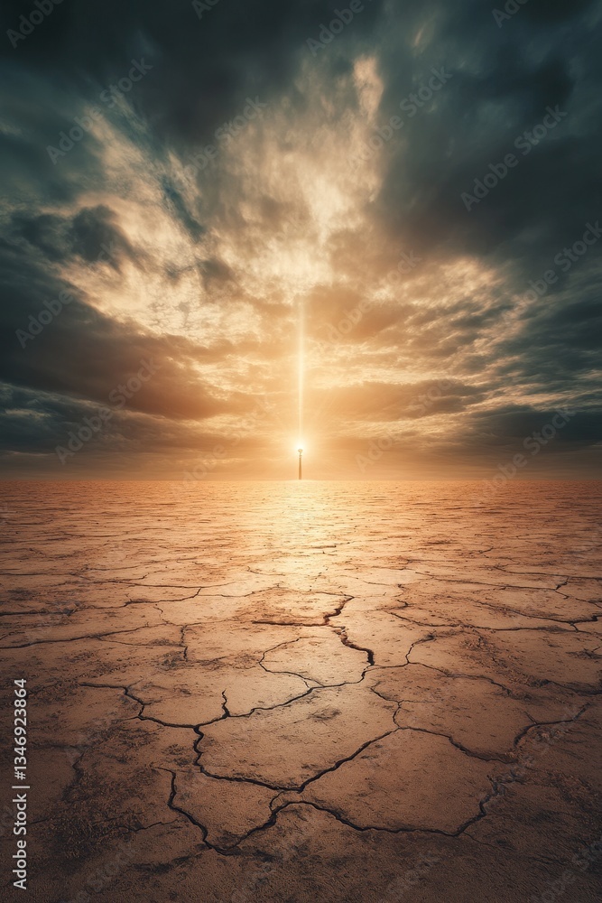 A barren landscape under a dramatic sky, featuring a distant light source piercing through the clouds, symbolizing hope amidst desolation.