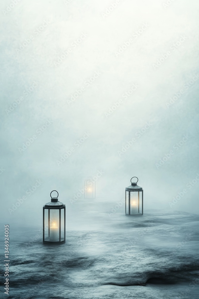 A serene landscape with three glowing lanterns in a misty environment, creating an ethereal and tranquil atmosphere.
