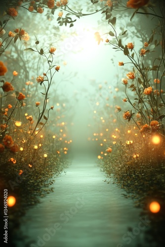 Obraz na płótnie A serene pathway lined with glowing flowers, leading into a misty garden illuminated by soft light. w salonie