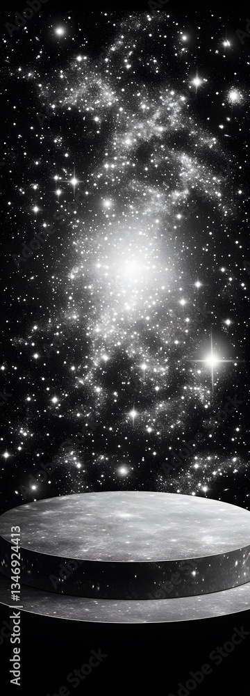 A podium suspended in an infinite cosmic void, surrounded by stars.