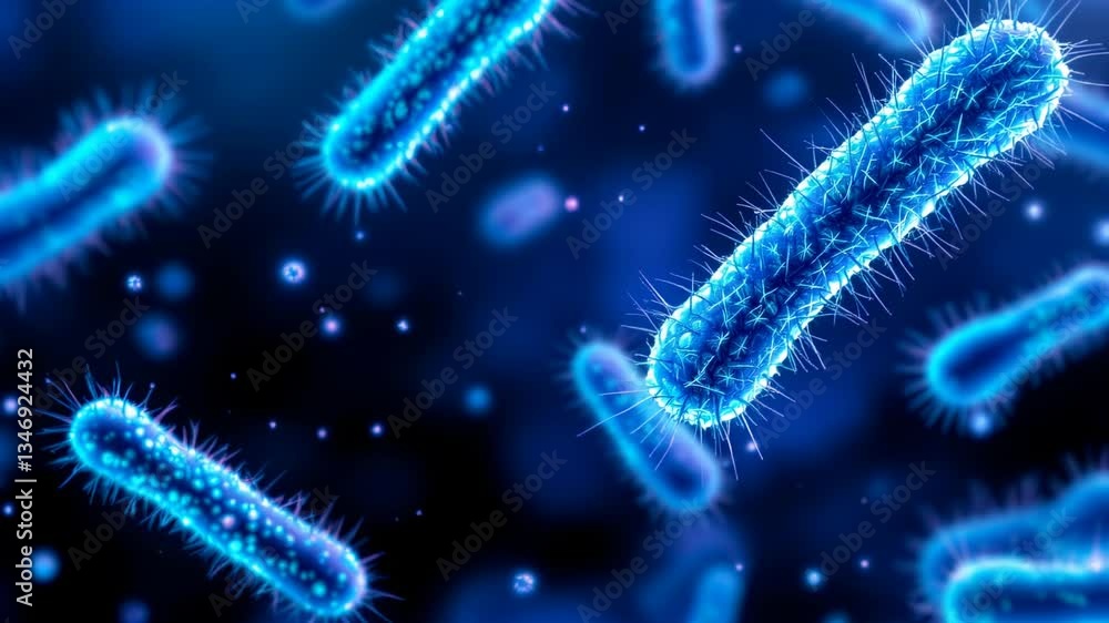 Blue Bacteria Cells Floating in Dark Environment