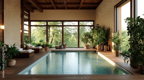 Serene Indoor Pool Area Surrounded by Lush Greenery and Elegant Wooden Accents Rendered in 2-Giixel High Fidelity for Ultimate Relaxation Experience