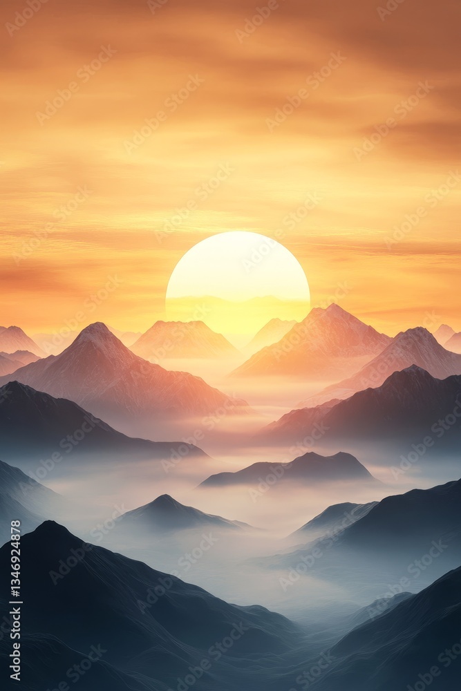 A breathtaking landscape featuring majestic mountains silhouetted against a vibrant sunset, with a large sun illuminating the scene.