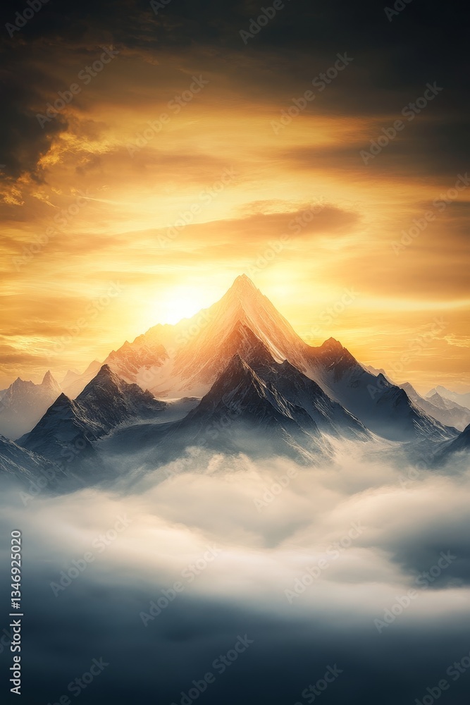 A majestic mountain peak rises above clouds, illuminated by a vibrant sunset, creating a breathtaking landscape of nature's beauty.