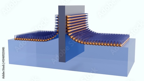A 3D rendered illustration depicting the formation or structure of a Langmuir-Blodgett (LB) film, a thin film created by transferring monolayers from a liquid surface onto a solid substrate.