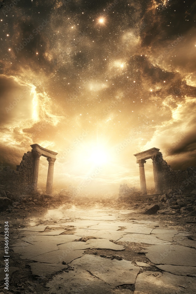 A stunning celestial scene with ancient stone pillars amidst a cracked landscape, illuminated by a radiant sun and a starry sky above.