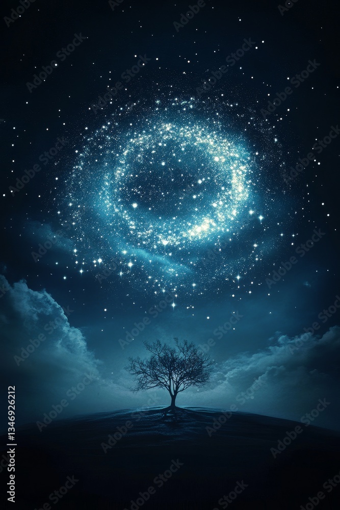 A serene night scene featuring a solitary tree under a swirling galaxy of stars, evoking a sense of wonder and tranquility.